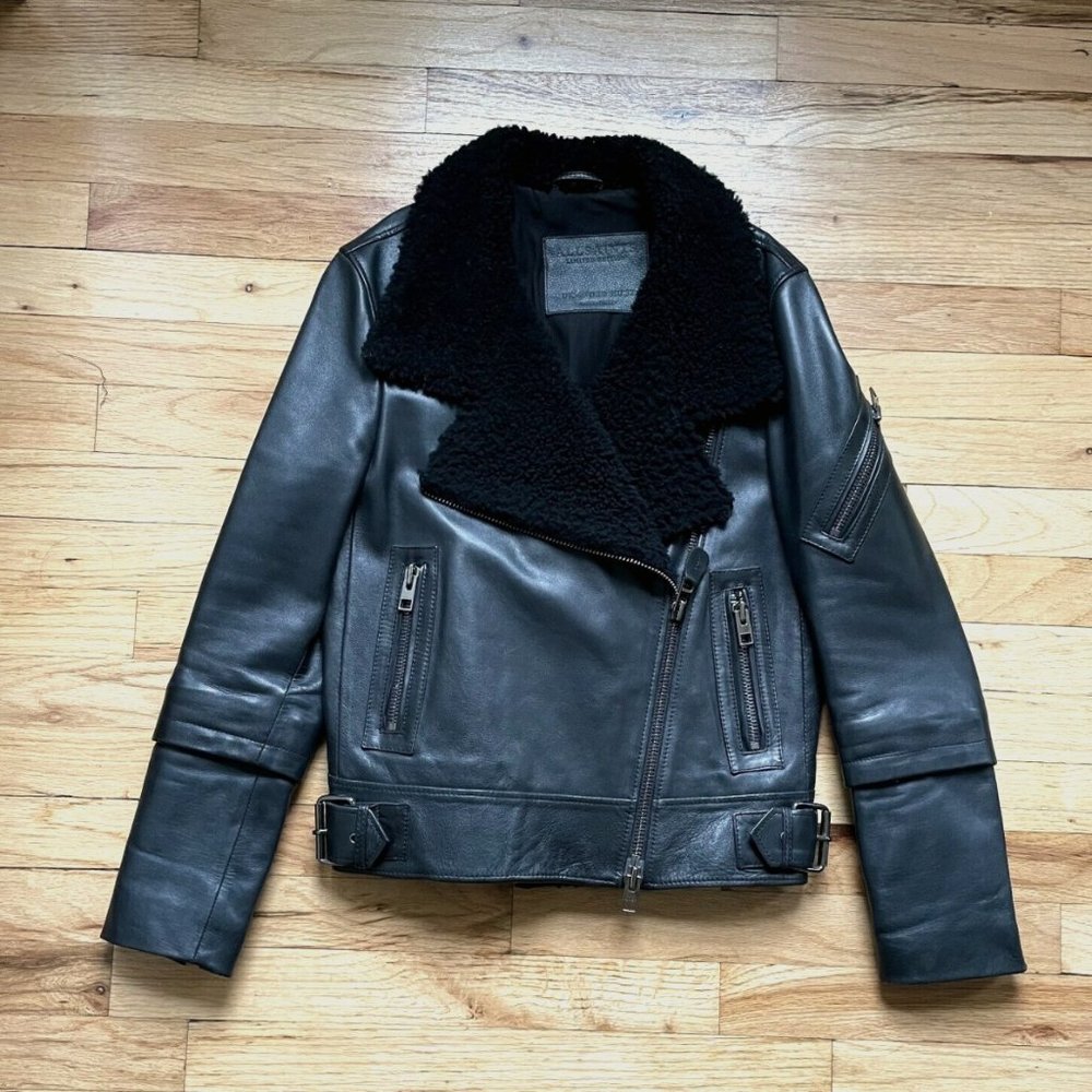 Black ALLSAINTS "Bayes Shearling" Motorcycle Jacket, US Size 0
